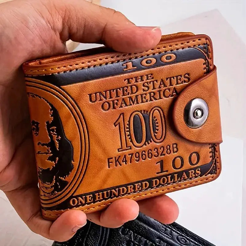 Men's genuine leather slim bifold wallet with brown US dollar bill print and snap closure.