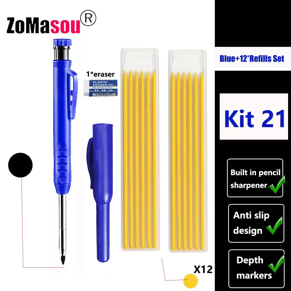Simples Market blue carpenter mechanical pencil kit with built-in sharpener and 12 refills