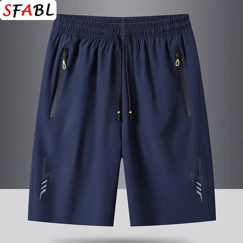 Simples Market navy sports shorts with zip pockets and drawstring, men's running gym shorts