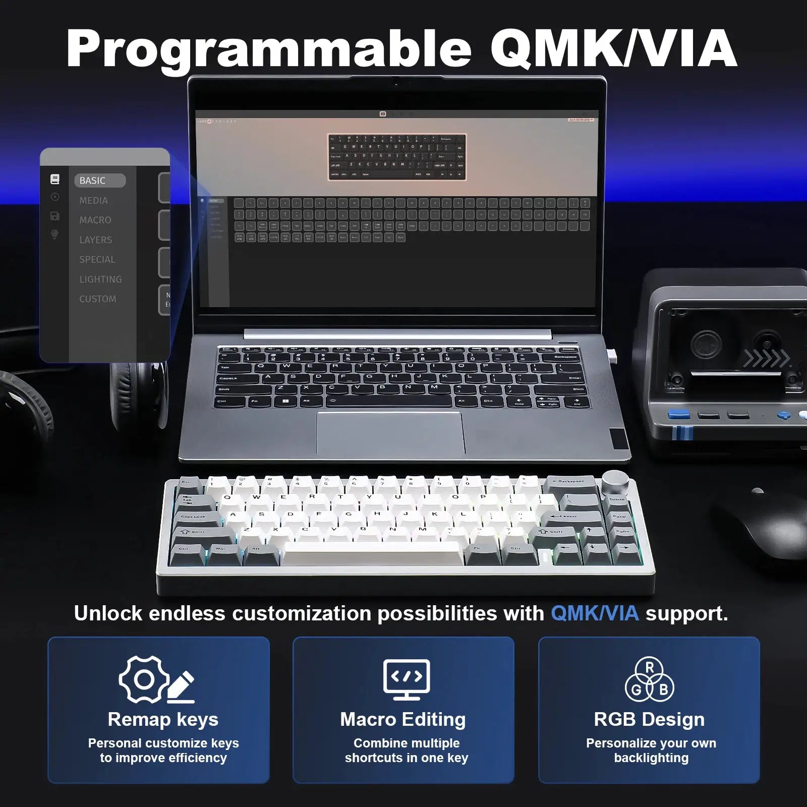 YUNZII AL68 silver wireless mechanical keyboard, aluminum chassis with knob, QMK/VIA compatible