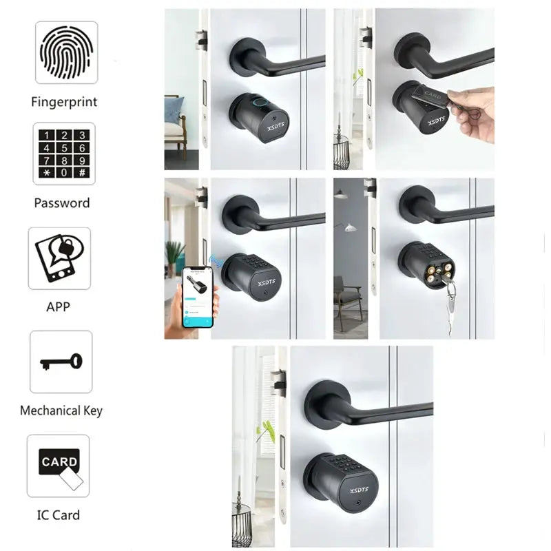 Smart door lock cylinder with fingerprint sensor, keypad, and IC card; app-enabled, black finish.