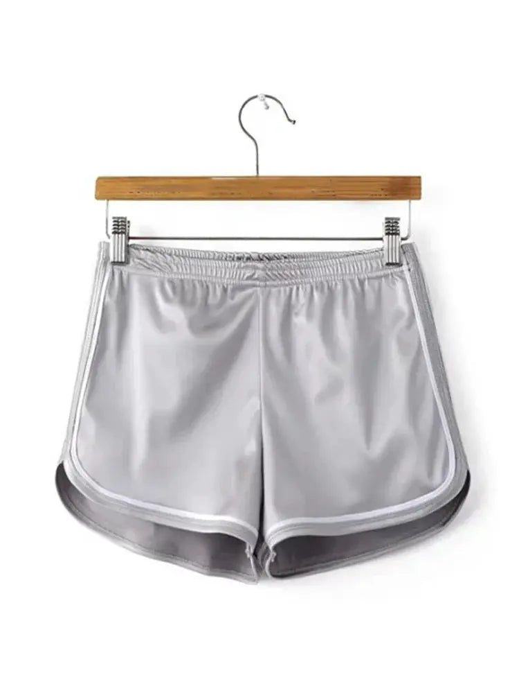 Women's silk-look shorts in silver-gray with white piping and elastic waistband