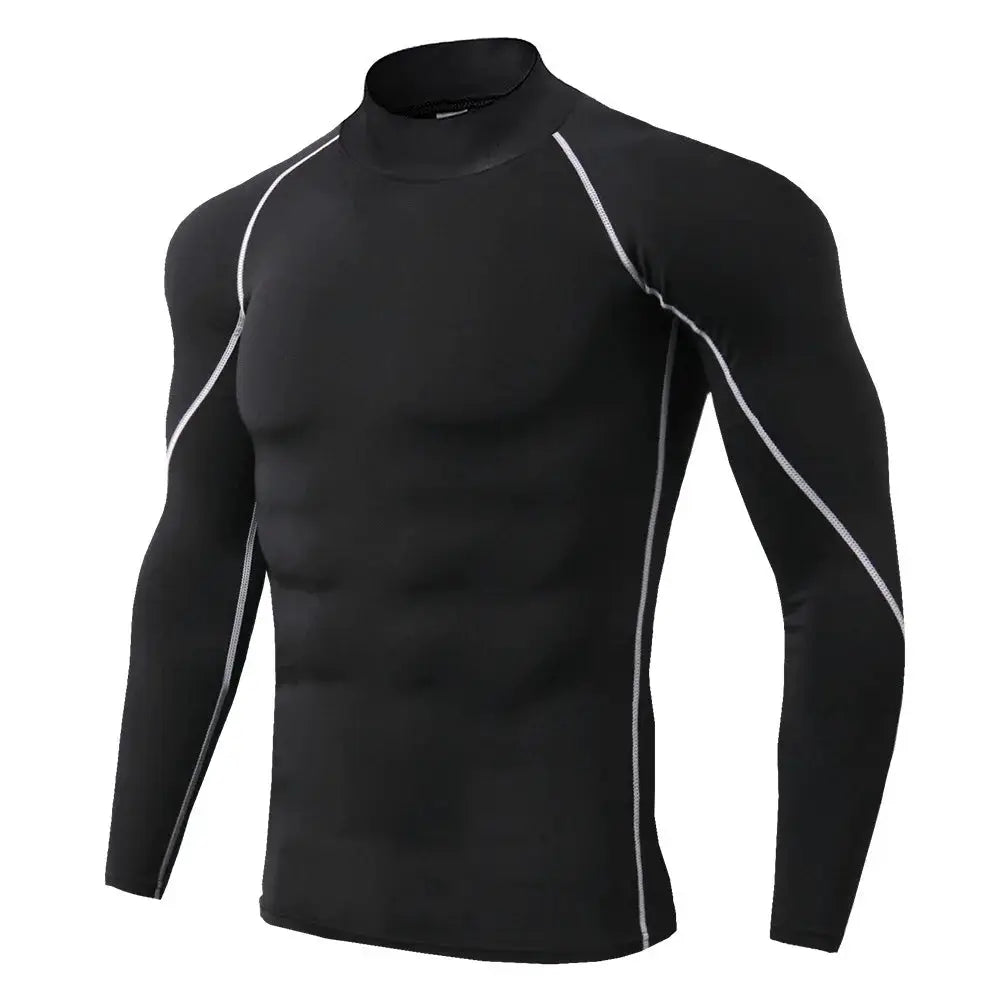 Black men's long-sleeve compression athletic shirt with white contrast seams.