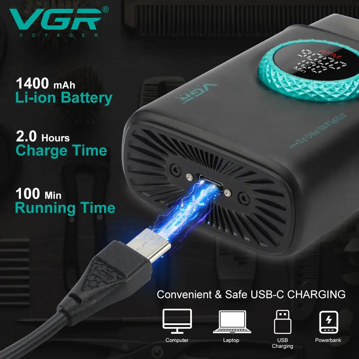 VGR men's shaver with alloy body and teal dial, USB-C charging; 1400mAh Li-ion battery, 100 min run time