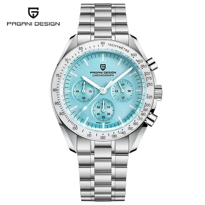 Pagani Design chronograph men's watch with a light blue dial and stainless steel bracelet