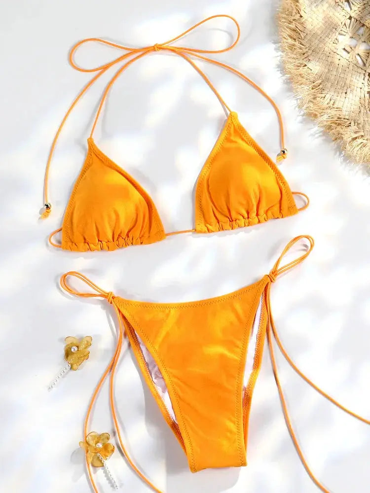 Sexy Triangle Bikini Set For Women Micro Thong Swimsuit Bandage Beachwear With Print Bathing Suit