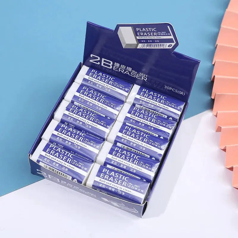 2B eraser pack by Simples Market, blue plastic school erasers, 30 pcs