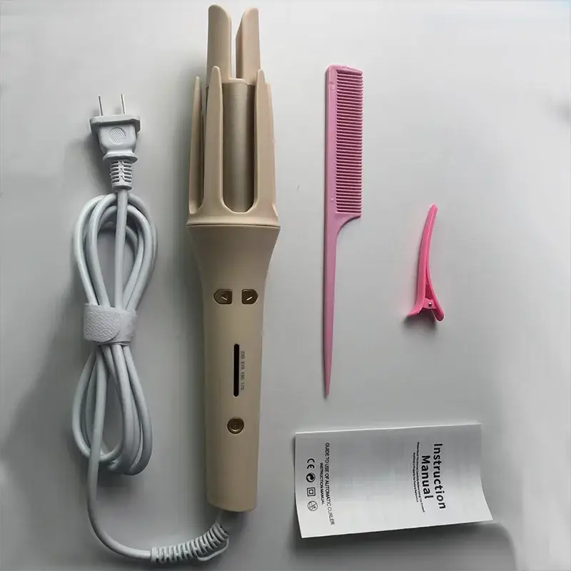 Automatic hair curler beige by Simples Market; 5-piece set with power cord, pink comb, hair clip, and manual.