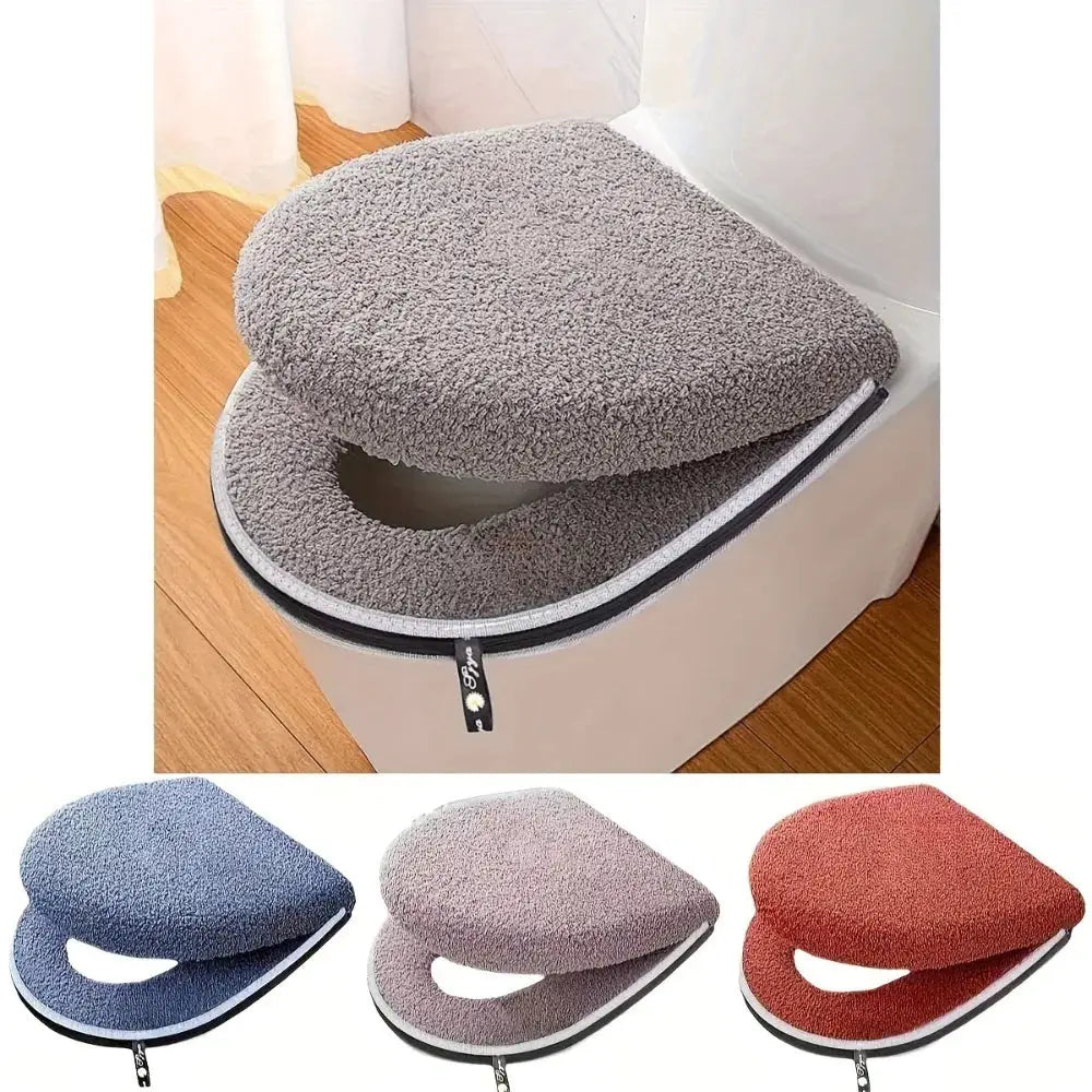 Toilet seat cushion set, plush gray with zipper, machine washable; Simples Market, three color options shown.