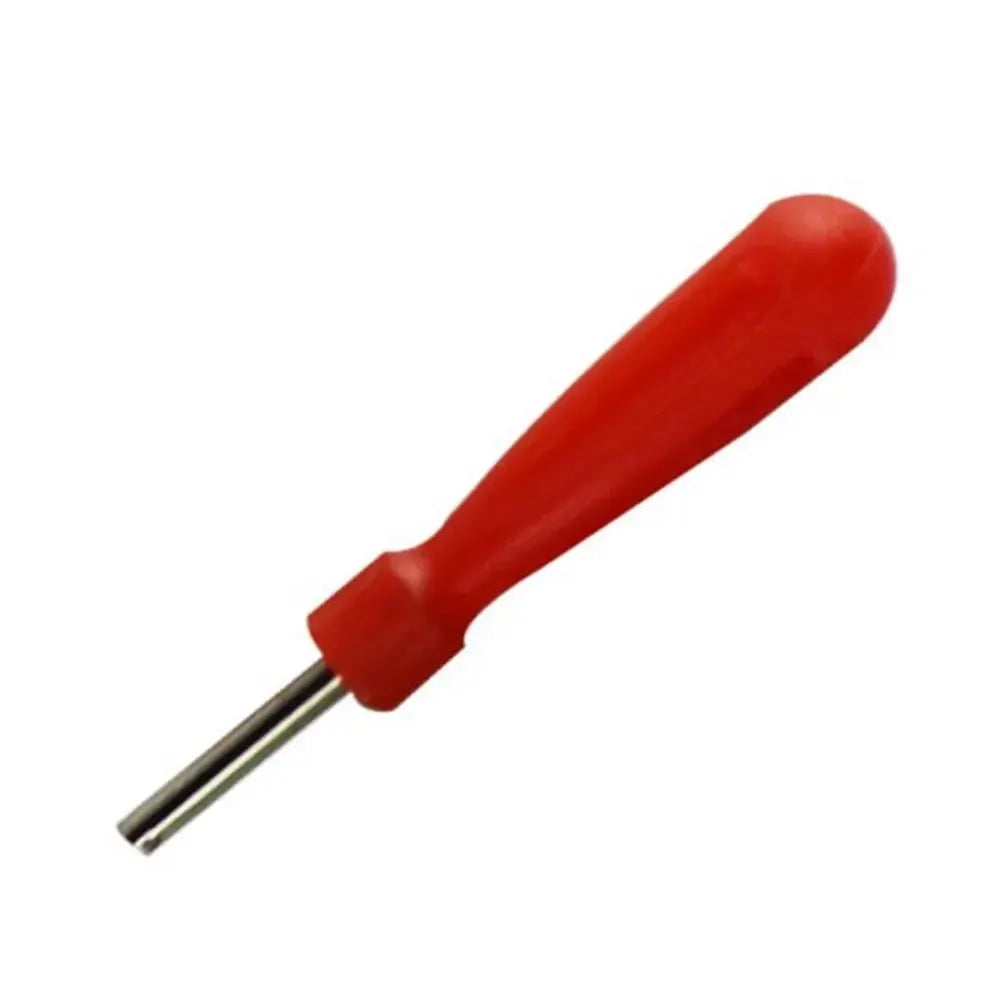 Valve core removal tool with red handle and metal shaft