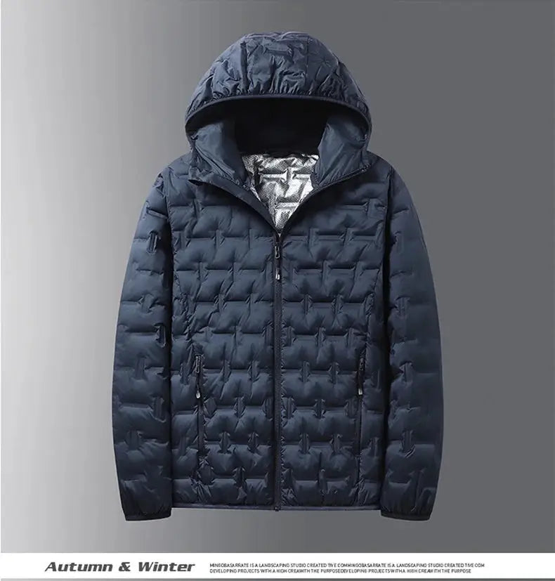 Men's navy quilted down hooded puffer jacket with zip pockets and front zipper
