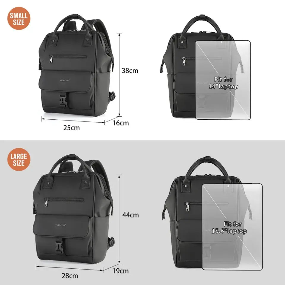 Tigernu black TPU splashproof backpack; two sizes shown (small 38×25×16 cm, large 44×28×19 cm) for 14–15.6 inch laptops.