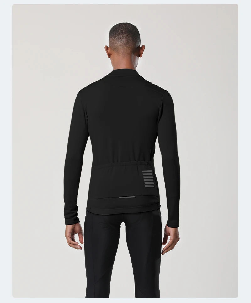 YKYWBIKE men's cycling jacket, black long-sleeve with elastic hem and reflective back stripes