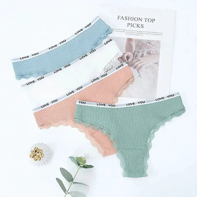 4-pack pastel lace-trim thong panties in blue, white, peach, and green; low-rise cotton T-back