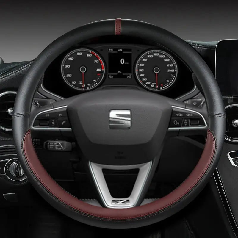 Steering wheel cover, Simples Market microfiber leather, 38 cm, non-slip, black with burgundy accents