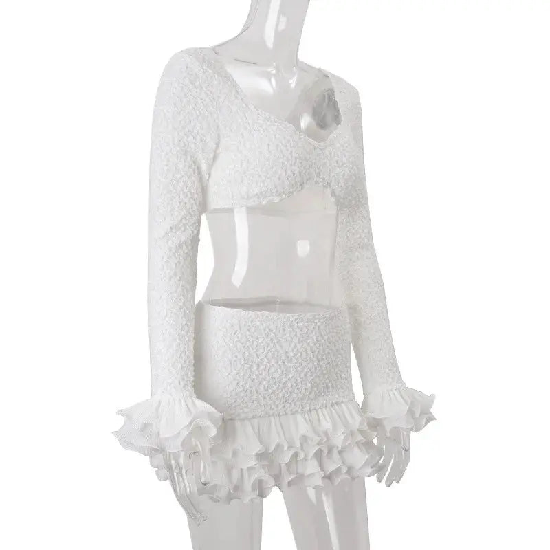 Shestyle White Autumn Two Piece Set Ruffles Crop Top And Sheath Skirt