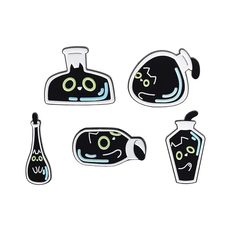 Cat Enamel Pins Set 4 To 6 Pieces Cute Black Fluid Cat Brooches Lapel Pins Jewelry Gift For Friends