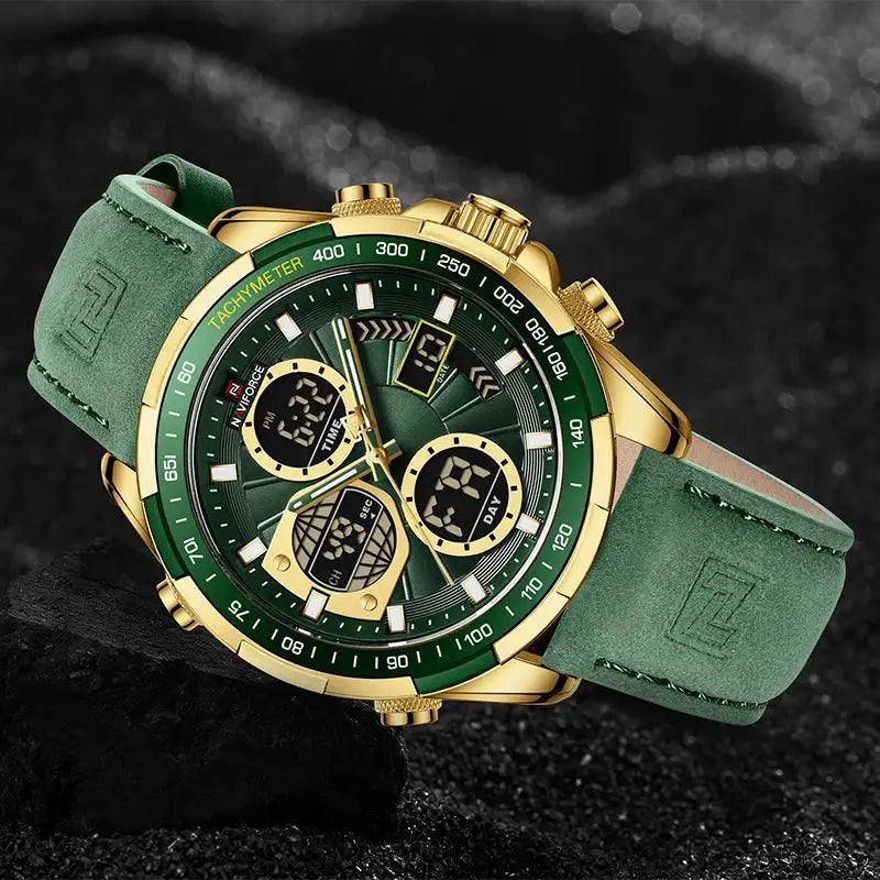 Naviforce men's quartz chronograph watch with green dial, gold-tone case, and green leather strap