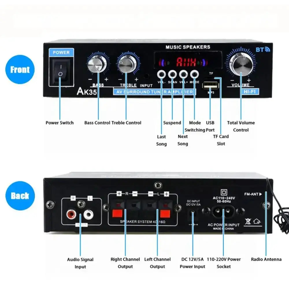 HiFi Digital AK35 Bluetooth Amplifier 2.0 Channel MP3 Sound AMP 110V 240V For Home And Car FM USB Remote Control