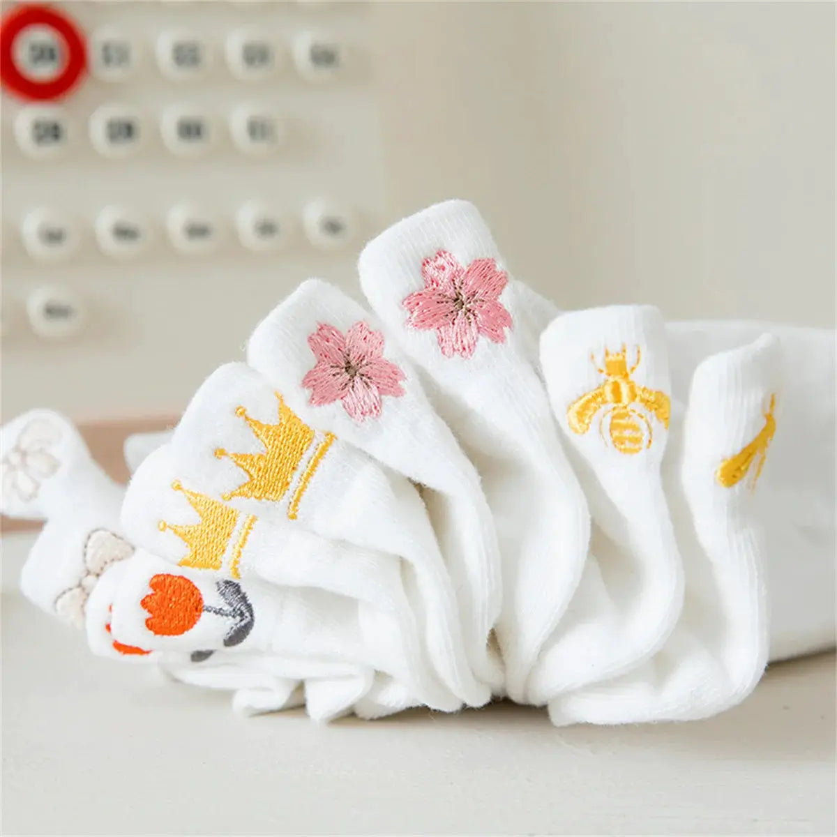 Five Pairs Embroidered Breathable Mesh White Socks For Women Featuring Crown Heart Bee Sakura And Bowknot Designs