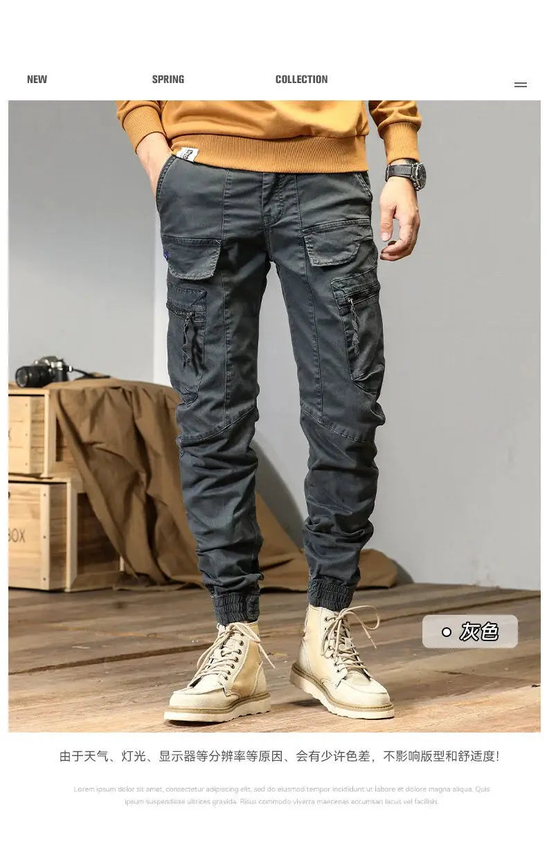 CAAYU men's cargo joggers in gray with multiple pockets and elastic cuffs
