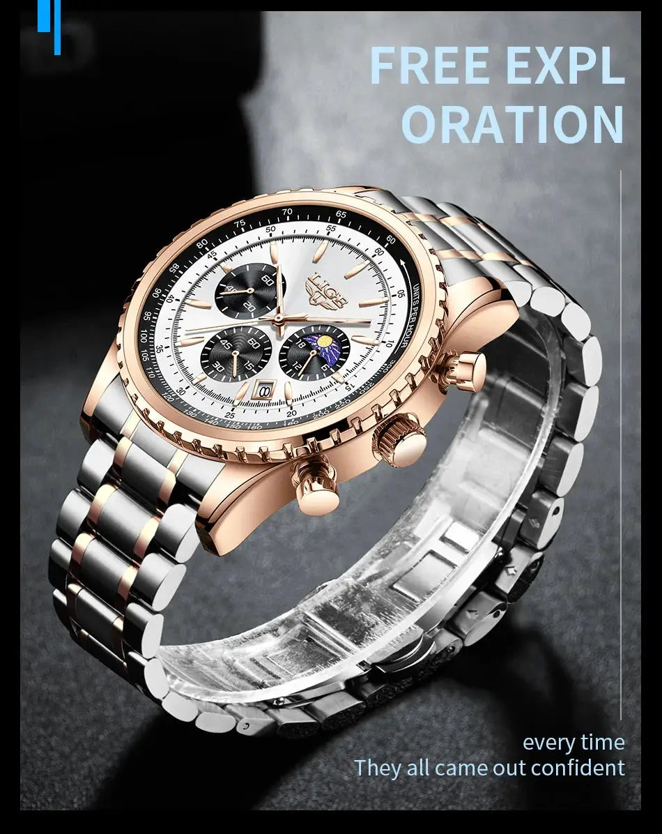 LIGE men's luxury quartz chronograph watch, rose-gold bezel, silver two-tone bracelet