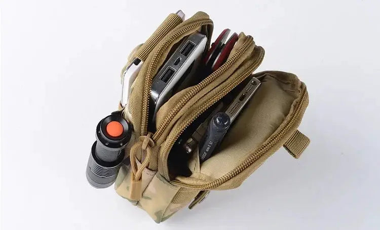Simples Market tan tactical leg bag with multiple compartments for phone, flashlight and gadgets