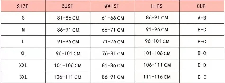 Simples Market leopard print bikini size chart with bust, waist, hips and cup for sizes S-3XL