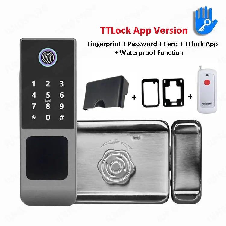 Tuya WiFi double-sided fingerprint door lock with keypad, RFID card, and remote app; IP66 waterproof stainless steel outdoor lock.