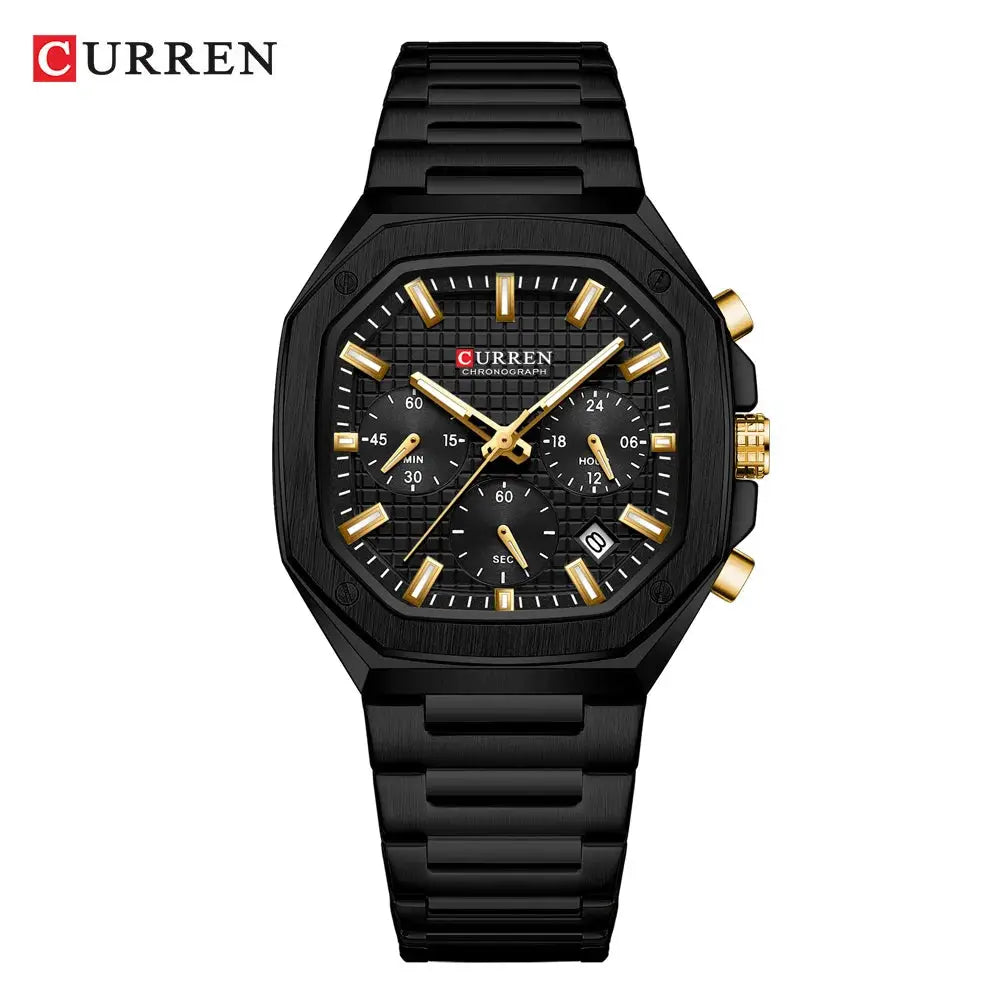 Curren men's square chronograph watch with black stainless steel case and bracelet, gold-tone hands and date window