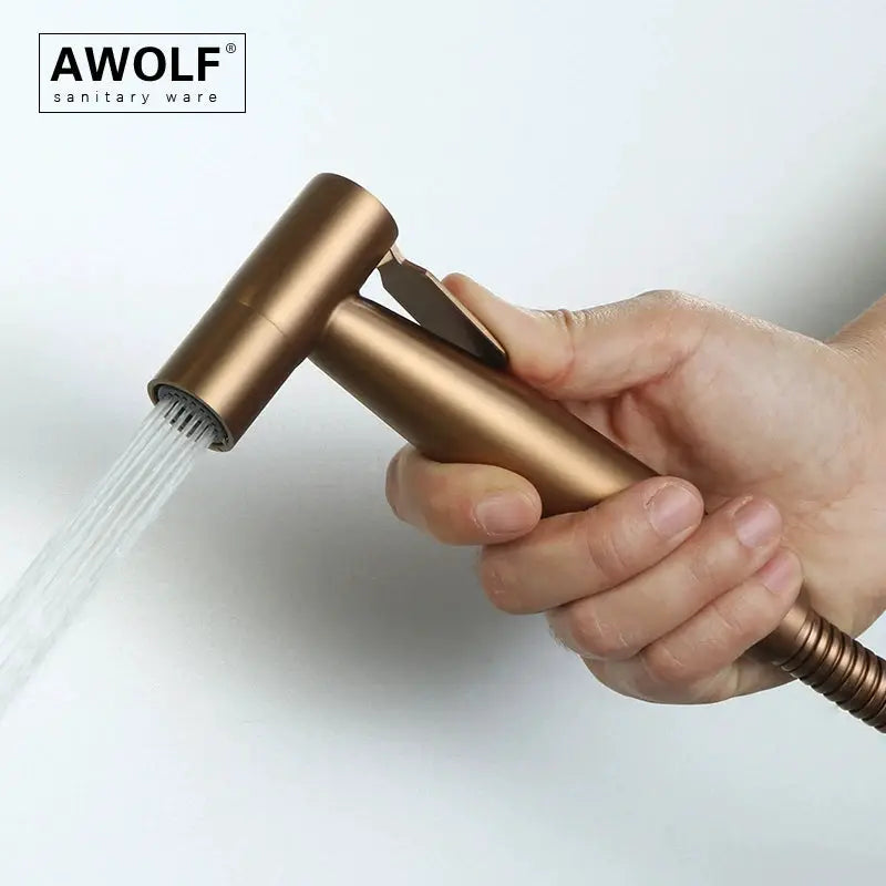Handheld bidet sprayer head in brushed rose-gold stainless steel by AWOLF