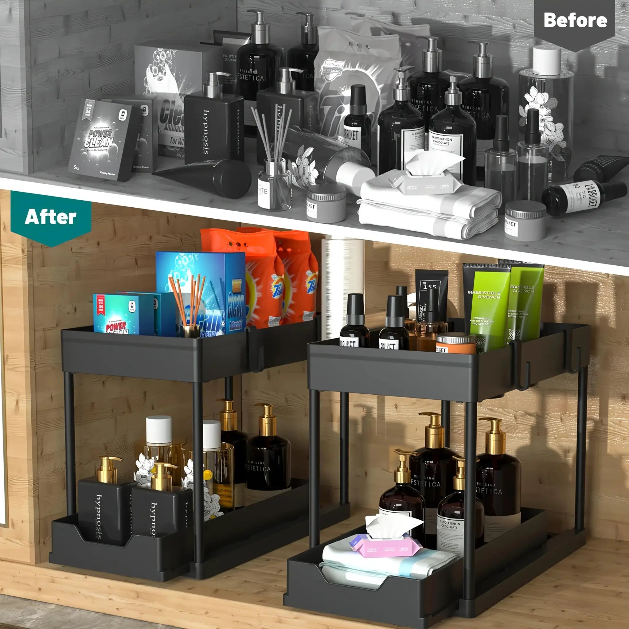 Simples Market two-tier under-sink sliding cabinet basket organizer with hooks, black metal, 2 units.