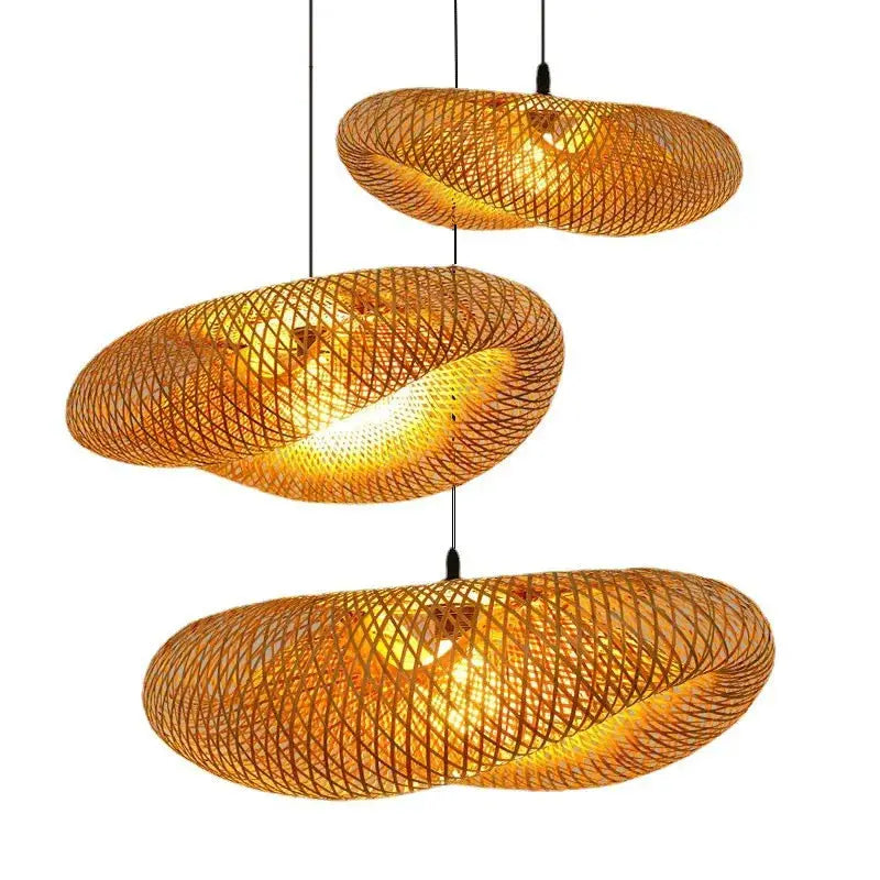 Handmade Vintage Bamboo Weaving LED Pendant Light Chandelier Living Room Kitchen Rattan Woven Lamp