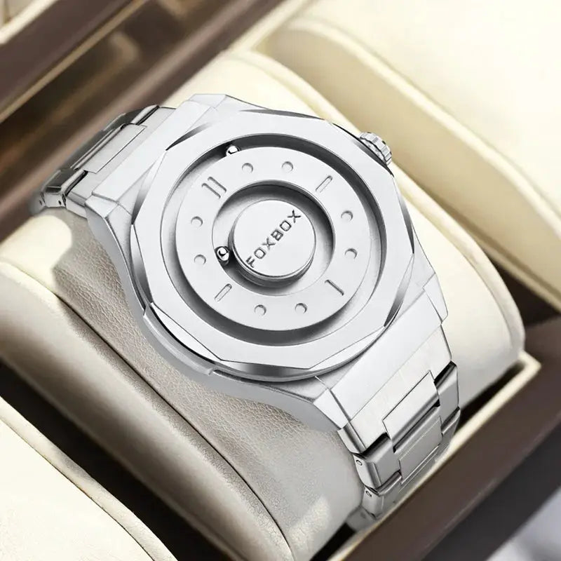 FOXBOX men's stainless steel quartz watch with a silver-tone metal bracelet