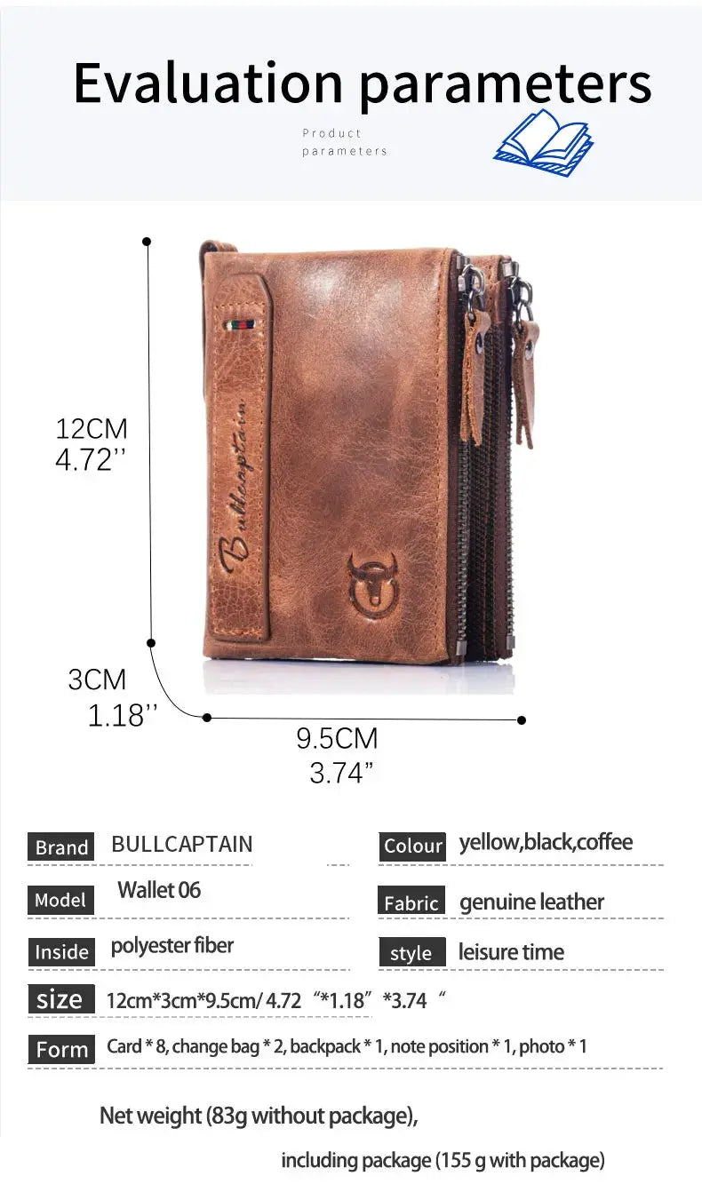 BullCaptain retro leather men's wallet with zipper, brown RFID card holder.