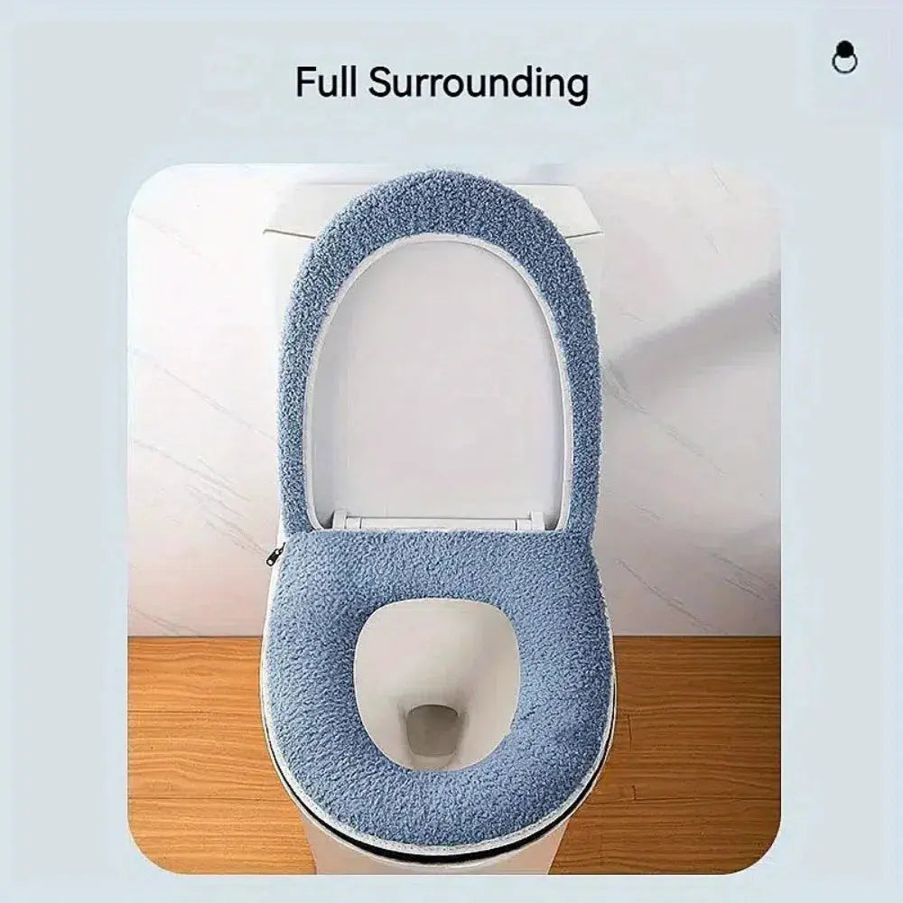 Toilet seat cushion set with blue plush fabric and zipper closure