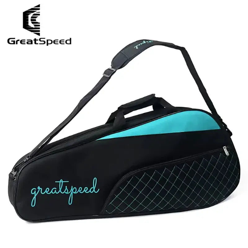 GreatSpeed 3pc racket bag set for tennis and badminton, black with teal panel and one-shoulder strap