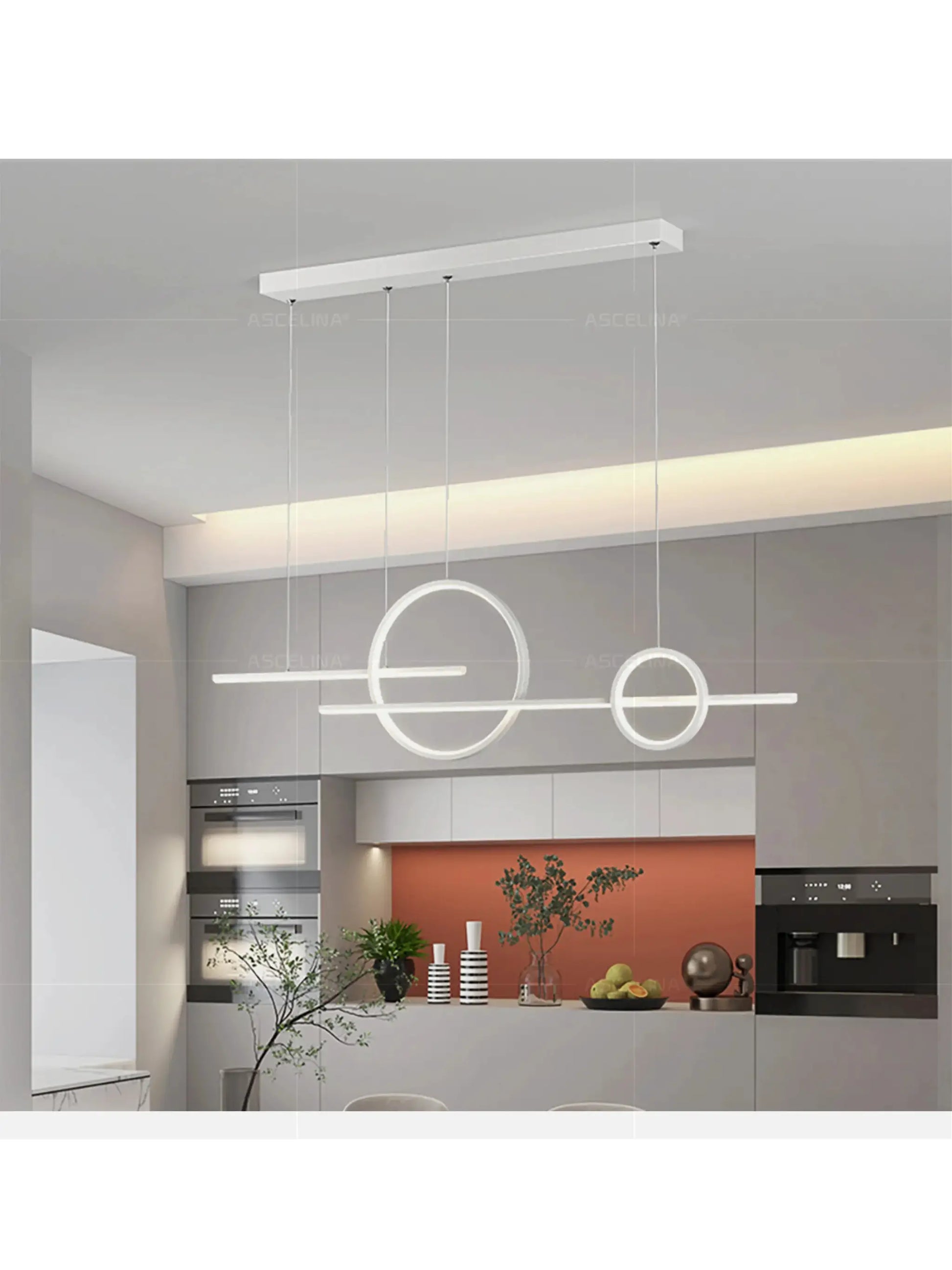 Modern LED chandelier with circular ring pendants and a white linear bar over a kitchen island