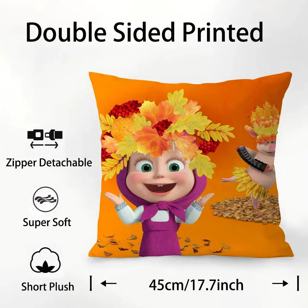 Simples Market Masha and Bears pillow case, orange short plush, double-sided print with zipper, soft plush fabric