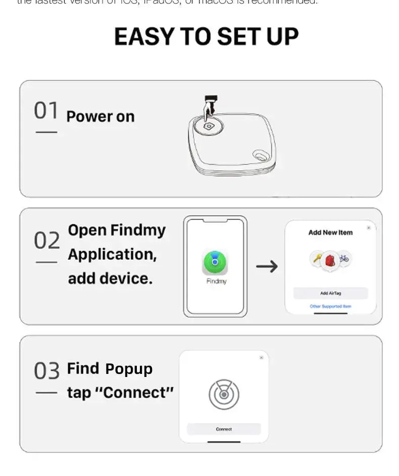 Bluetooth mini tracker by Simples Market for Apple Find My; compact device, easy setup with power on and connect.
