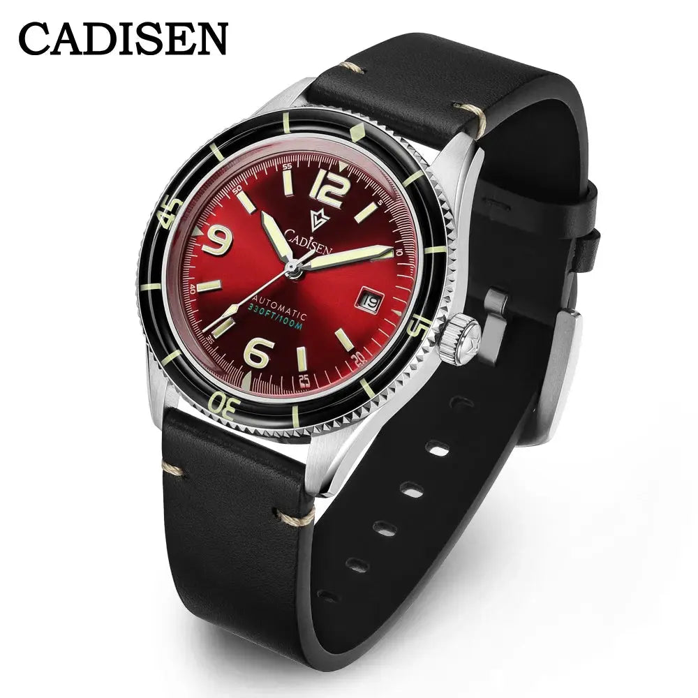 CADISEN men's red dial wristwatch with black genuine leather strap