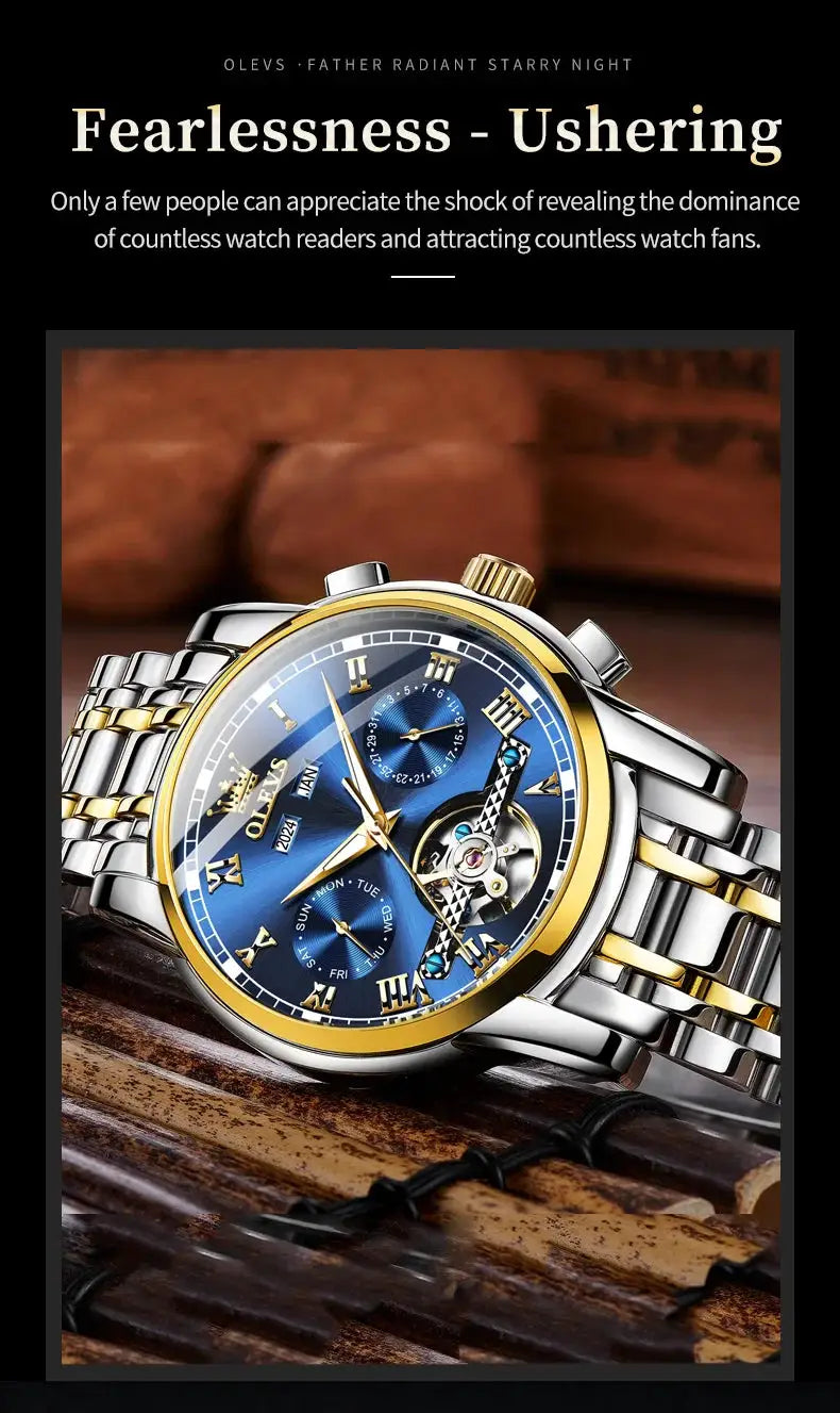 OLEVS 6607 automatic skeleton wristwatch with blue dial, gold bezel, two-tone stainless steel bracelet.