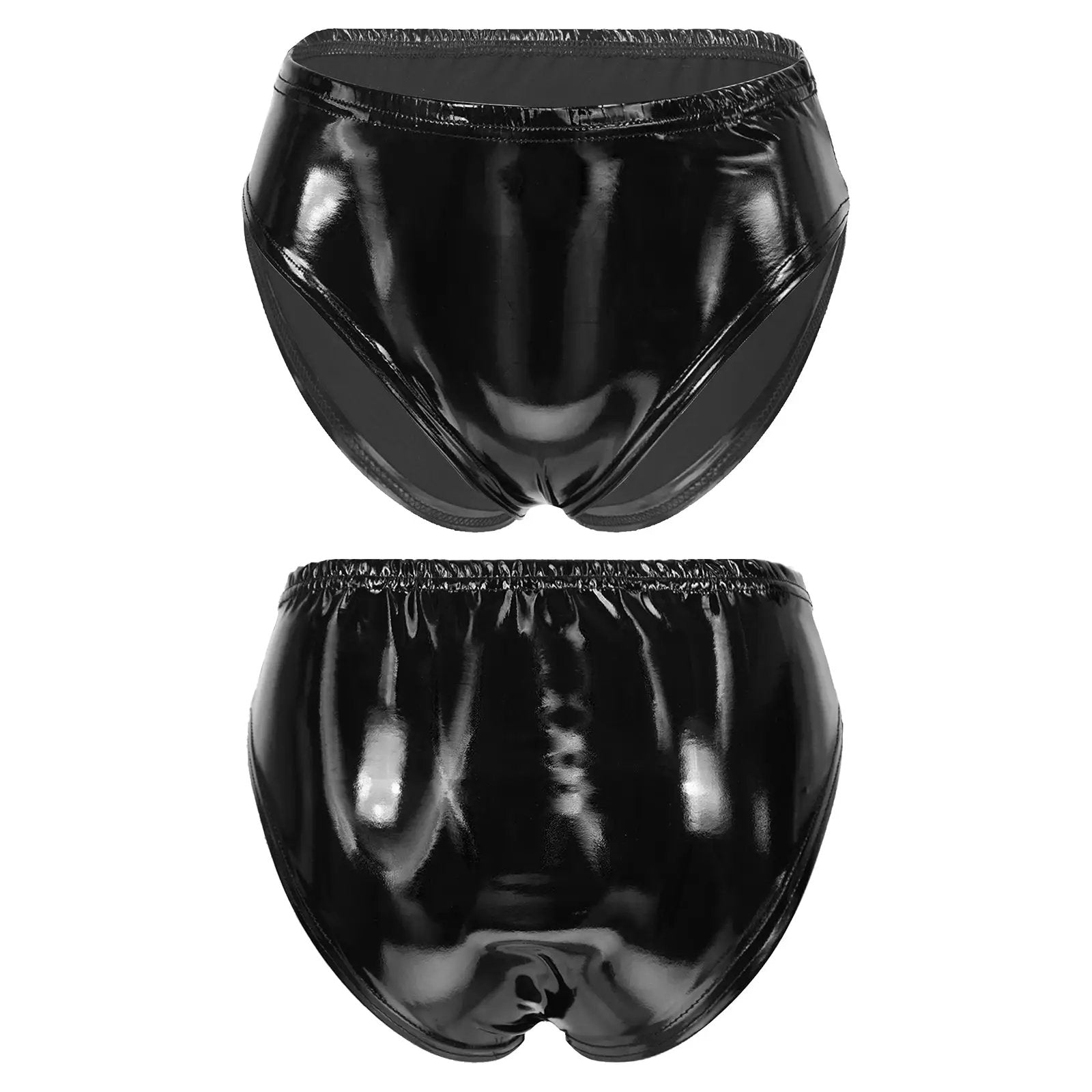 Womens black wet-look patent leather briefs; glossy, low-rise mini shorts.
