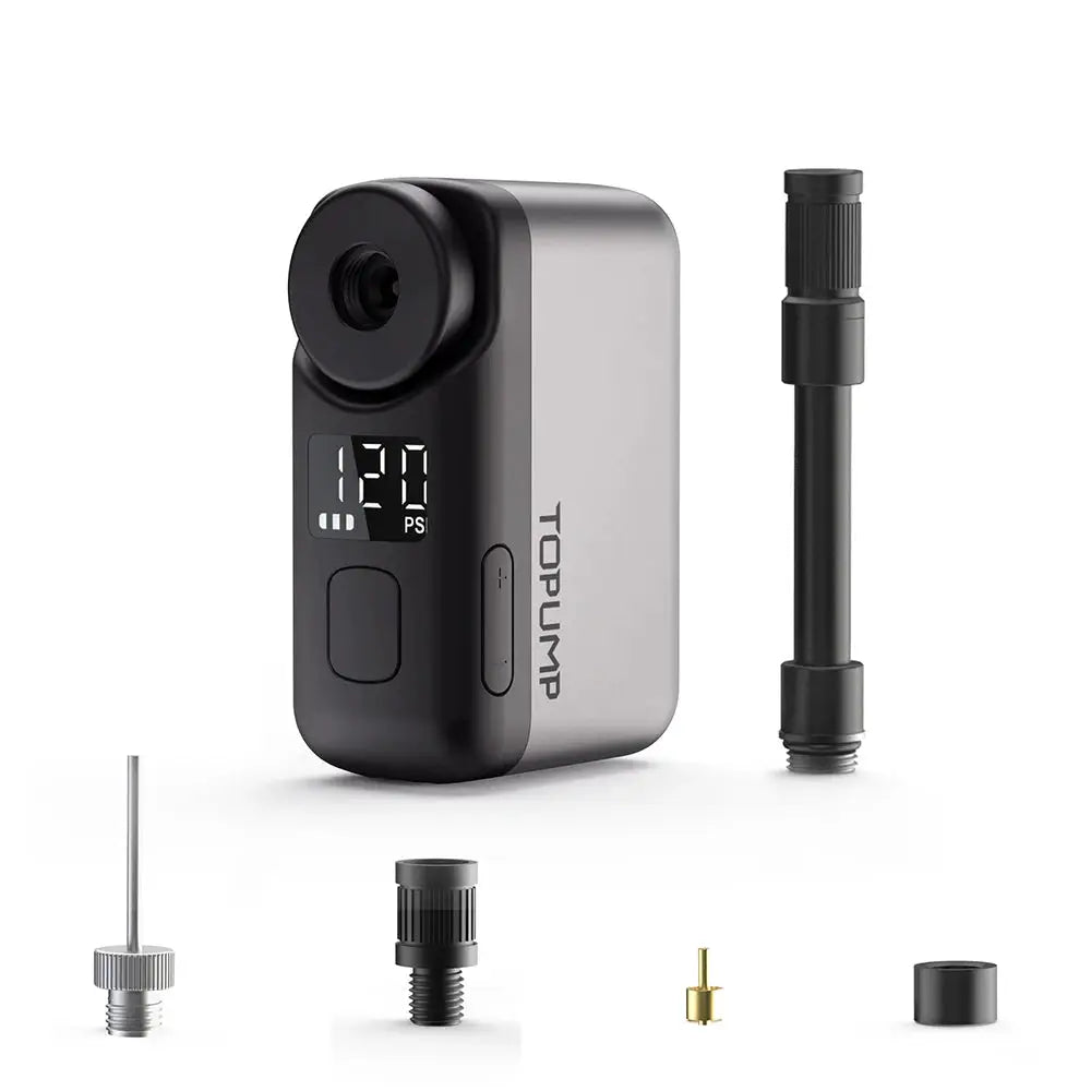 TOPUMP TB2 PRO mini electric bike pump with display; black/gray cordless inflator, 120 PSI max, includes adapters