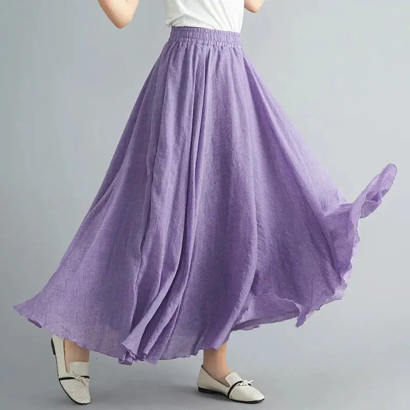 Simples Market purple cotton-linen Mori-style long skirt with elastic waist and flowing A-line silhouette