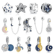 925 Sterling Silver Charms For Original Bracelets Star Moon Sun Spaceman Zircon Pendant Beads For DIY Women Necklaces