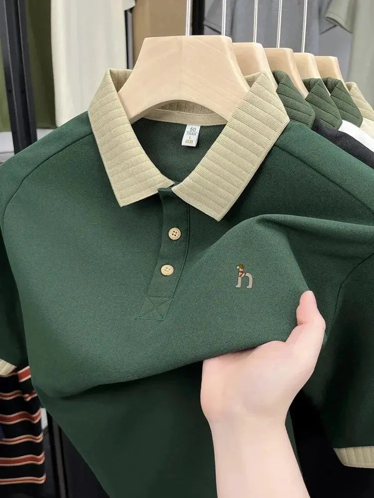 Men's green polo shirt with beige collar; dog embroidery, five on hangers, Simples Market
