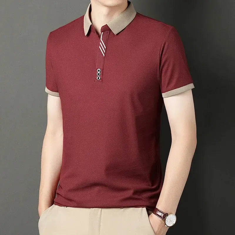 Men's polo shirt, maroon with tan collar and cuffs, short sleeves