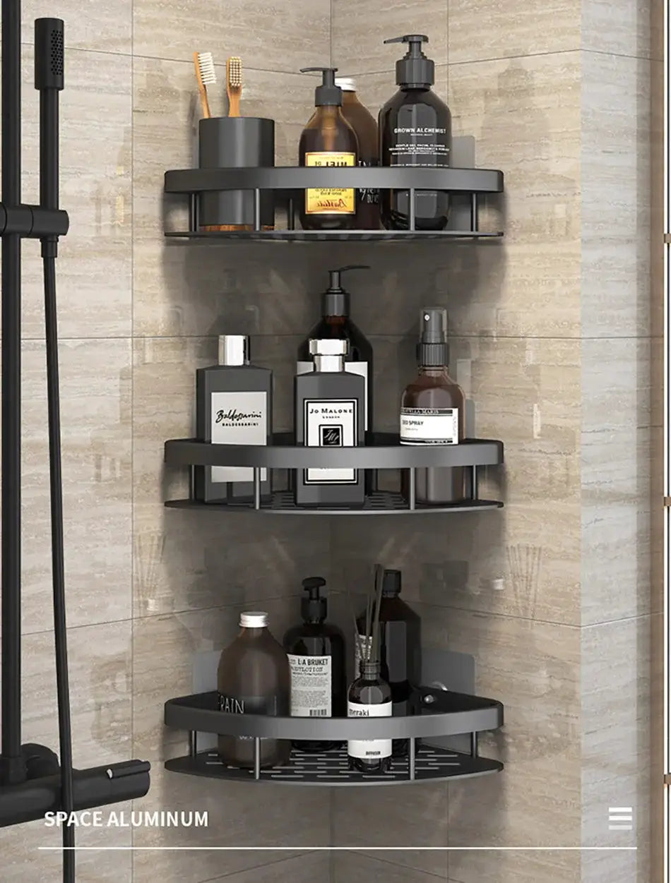 Bathroom corner wall-mount shower rack by Simples Market, space-aluminum, no-drill, three-tier bathroom organizer.
