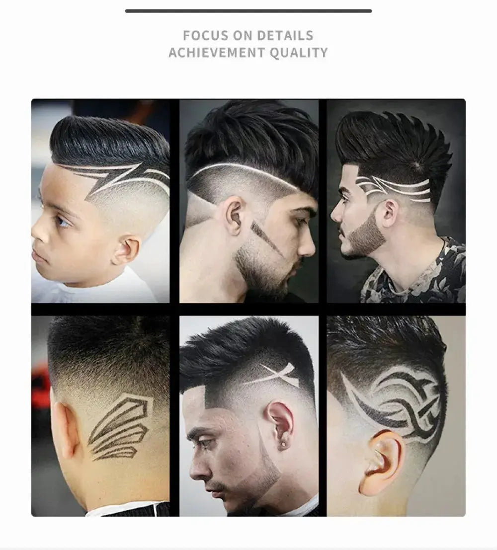 KM-9038 powerful rechargeable shaver for men; collage of six men's geometric haircuts with shaved patterns.
